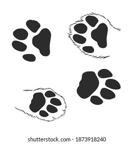 Un conjunto de patas de perro. Los rastros negros en diferentes estilos. Aislado sobre fondo blanco. Silhouettes de patas. Ilustración vectorial. traza de pata de gato, ilustración de esbozo vectorial