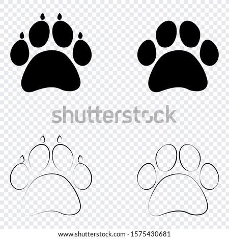 A set of dog's paws. Black traces with different styles. Isolated on transparent background. Silhouettes of paws