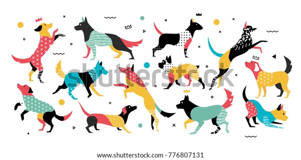 Set of dogs in pop art style.\
Dogs with geometric elements in style 90-x years, they can be used\
in the leaflet, banners, ads. The symbol of the dog in\
2018.