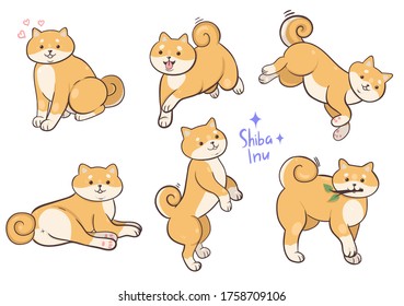 Set of dogs shiba inu breed isolated on a white background. Vector graphics.