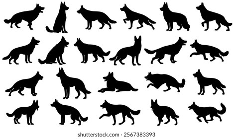 Set of dogs silhouette in different poses. Large set of german shepherd dogs. Hand drawn black dogs isolated on white background. Vector illustration of decorative elements for design decor.