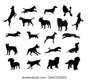 Set of dogs silhouette in different poses,Hand drawn black dogs isolated on transparent background,collection of black dogs design elements vector illustration
