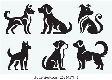 Set of dogs silhouette elegant canine pets in flat vector art