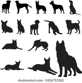 Set of dogs silhouette. Siberian husky illustration. Golden retriever, australian kelpie, boxer, pekingese.