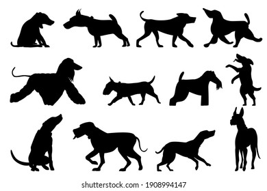 Set of dogs in silhouette style. Dogs play, run, stand. Isolated on white. Pet vector icon.