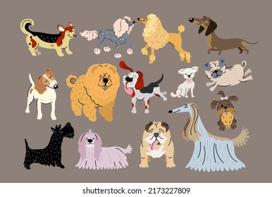 Set of dogs of various breeds freehand doodle drawing. Vector illustration.