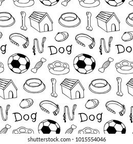 Set of dogs vector illustration. Box, bone, bowl, collar, leash, ball, comb