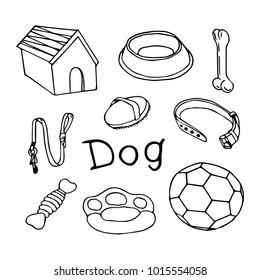 Set of dogs vector illustration. Box, bone, bowl, collar, leash, ball, comb 