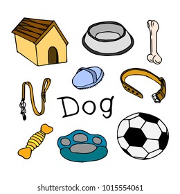 Set of dogs vector illustration. Box, bone, bowl, collar, leash, ball, comb 