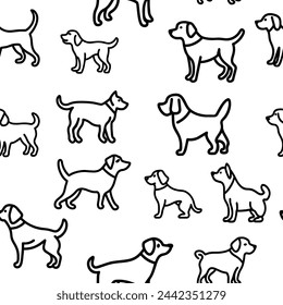 Set of dogs. Vector illustration of an outline of dogs on white. Seamless background. Silhouettes of dogs isolated on white background. Seamless pattern, set of dogs. Template for textile