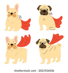 Set of dogs wearing cape of superheroes. Vector illustration on white background.