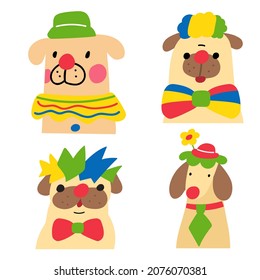 Set of dogs wearing clown's costumes. Vector hand drawn illustrations on white background.