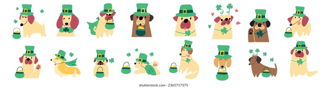 Set of dogs wearing costumes for St. Patrick's day. Illustrations on white background.