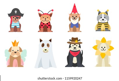 Set of dogs wearing Halloween costumes, vector illustration. 