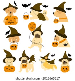 Set of dogs wearing Halloween costumes. Vector illustration on white background.