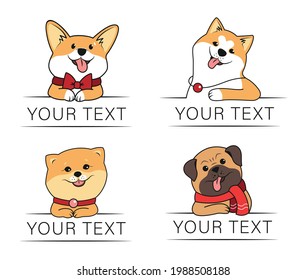 The set of dogs and your text. The collection of funny animals is good for logo designs. The corgi, akita, spitz and pug is a vector illustration