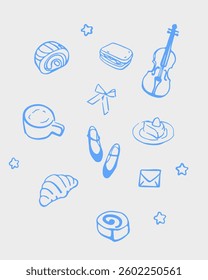 A set of dolche vita doodle illustrations. Hand-drawn illustrations of violins, shoes and buns