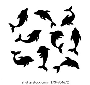 Set of dolhin silhouette. Hand drawn vector illustration. Black color dolphin icon isolated on white background. Stylish silhouette for tattoo. Stylized logo.