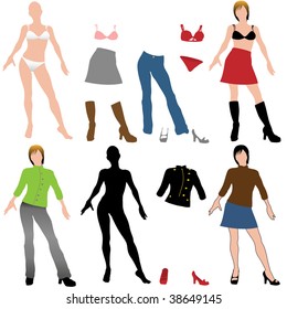 Set of doll cutout style models and fitting casual clothes to mix match and mash up.