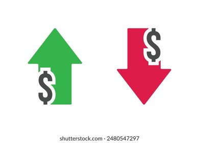 Conjunto de dólar con flecha arriba y abajo, icono de línea. Flecha roja y verde con signo de dólar. Concepto de diseño para la banca, el crédito, la tasa de interés, las finanzas y la esfera monetaria.