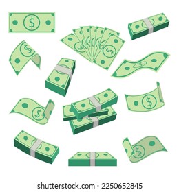 Set of dollar bank notes. Bank cash vector set. Illustration stack pile of cash dollar, money finance. Vector illustration isolated on white background