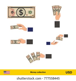 Set of Dollar banknote. Holding, throwing Dollar banknote.