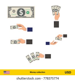Set of Dollar banknote. Holding, throwing Dollar banknote.