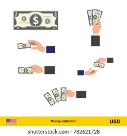 Set of Dollar banknote. Holding, throwing Dollar banknote.