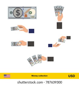 Set of Dollar banknote. Holding, throwing Dollar banknote.