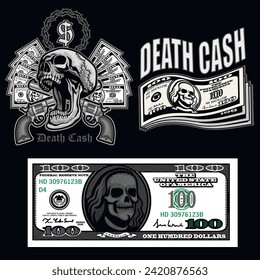 
set, dollar banknote with skull, grunge vintage design t shirts