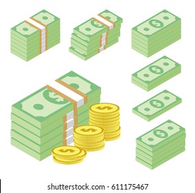 Set of dollar banknotes bundles and stacks of gold coins. Stylized money icons isolated on white. Piles of cash. Flat isometric vector eps10 illustration.