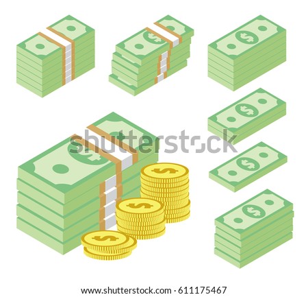 Set of dollar banknotes bundles and stacks of gold coins. Stylized money icons isolated on white. Piles of cash. Flat isometric vector eps10 illustration.