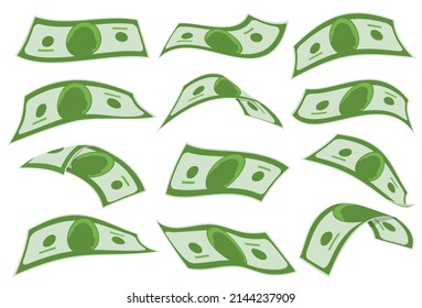 Set of dollar bills of different shapes. Scattered money. Vector illustration on a white background