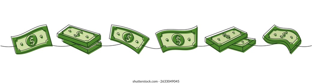 Set of dollar bills one line colored continuous drawing. Money investment and finance. Vector illustration.