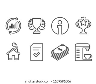 Set of Dollar, Checked file and Winner icons. Update data, Victory and Coffee machine signs. Usd currency, Correct document, Sports achievement. Sales chart, Championship prize, Cappuccino machine