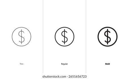 Set of dollar coin icon. thin, regular and bold line icons. dollar sign. set of US dollar coin currency. business and finance, money, finance, banking