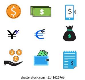 set dollar coin on white background. money bag, investment, check, monitor, euro sign, yen, dollar, wallet, phone pay, hand coin. money design for your web site design, logo, app, UI. money symbol. 
