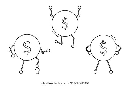Set of dollar coins with legs and hands, like a human. The concept of a successful business. Contour black icon on white. Vector illustration.
