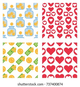 Set of dollar currency and red hearts vector bank finance business seamless pattern money background.