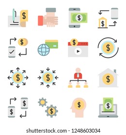 set of dollar currency timer teamwork salary flat design icon in business or investment.