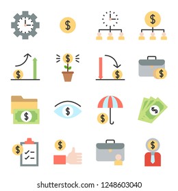 set of dollar currency timer teamwork salary flat design icon in business or investment.