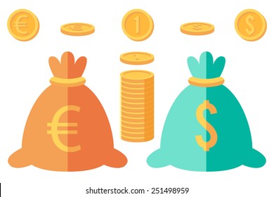 Set of dollar and euro coins and two money sacks svg