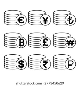 Set of Dollar euro rouble won yuan pound stack coin, flat icon money design .