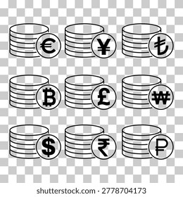 Set of Dollar euro rouble won yuan pound stack coin, flat icon money design .