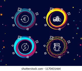Set of Dollar exchange, Exchange currency and Banking money icons. Tea sign. Banking rates, Cash finance, Glass mug.  Circle banners with line icons. Gradient colors shapes. Vector