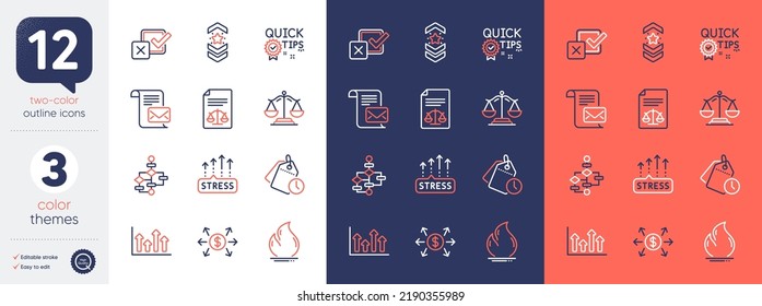 Set of Dollar exchange, Justice scales and Stress grows line icons. Include Block diagram, Shoulder strap, Upper arrows icons. Legal documents, Time management, Mail letter web elements. Vector