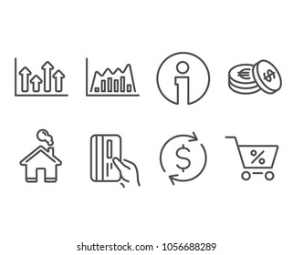 Set of Dollar exchange, Payment card and Upper arrows icons. Infographic graph, Savings and Special offer signs. Banking rates, Credit card, Growth infochart. Line diagram, Cash coins, Discounts