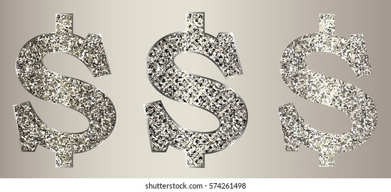 Set of dollar icon from of silver, platinum, gold with sparkle. Sign USA currency is made in three versions. Symbolize money, luxury, success, can be used in advertising, web design, etc. Vector.