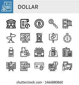 Set of dollar icons such as Bill, Bank, Receipt, Bitcoin, Investment, Payment method, Sign, Atm, Time is money, Credit card, Wallet, Casino, Accounting, Diagram, Secure payment , dollar