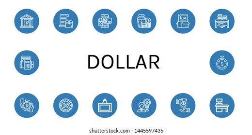 Set of dollar icons such as Online banking, Bill, Secure payment, Money jar, Corruption, Transaction, Roulette, Sign, Accounting, Pay, Cash register, Time is money , dollar